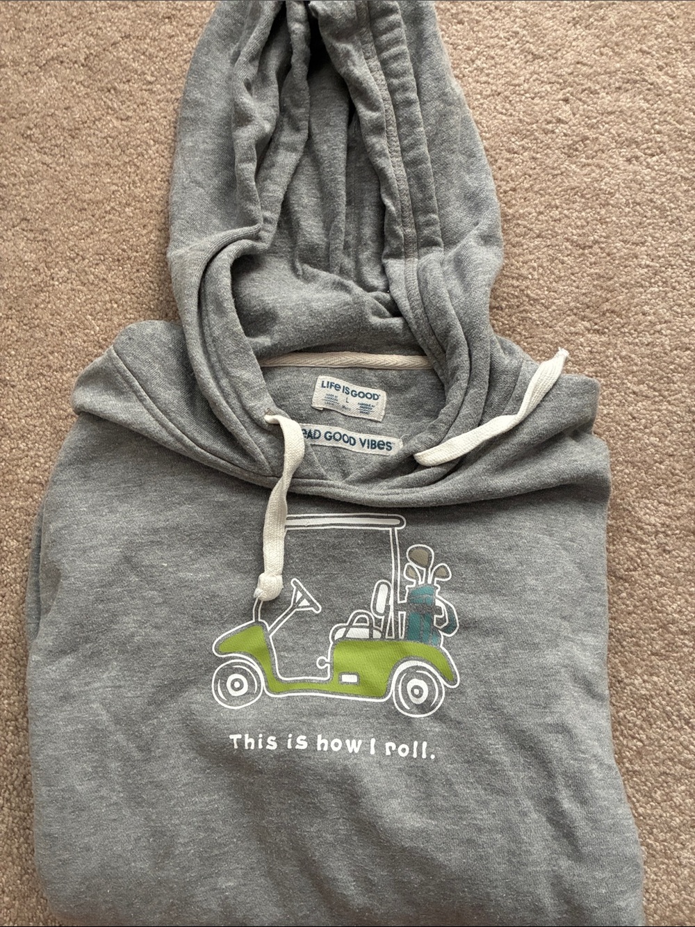 ⛳️ Life Is Good Gray Hoodie with Green Golf Cart Graphic and White Drawstrings